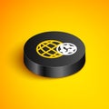 Isometric line Planet earth and a recycling icon isolated on yellow background. Environmental concept. Black circle Royalty Free Stock Photo