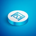 Isometric line Plotter icon isolated on blue background. Large format multifunction printer. Polygraphy, printshop