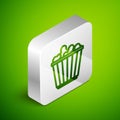 Isometric line Popcorn in cardboard box icon isolated on green background. Popcorn bucket box. Silver square button