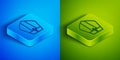 Isometric line Pope hat icon isolated on blue and green background. Christian hat sign. Square button. Vector