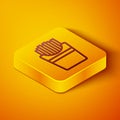 Isometric line Potatoes french fries in carton package box icon isolated on orange background. Fast food menu. Yellow