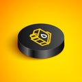 Isometric line Printer ink cartridge icon isolated on yellow background. Black circle button. Vector
