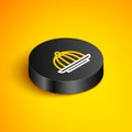 Isometric line Pudding custard with caramel glaze icon isolated on yellow background. Black circle button. Vector