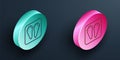 Isometric line Rabbit and hare paw footprint icon isolated on black background. Turquoise and pink circle button. Vector