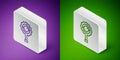 Isometric line Rattle baby toy icon isolated on purple and green background. Beanbag sign. Silver square button. Vector