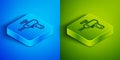 Isometric line Ray gun icon isolated on blue and green background. Laser weapon. Space blaster. Square button. Vector