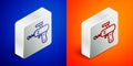 Isometric line Ray gun icon isolated on blue and orange background. Laser weapon. Space blaster. Silver square button