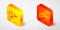 Isometric line Ray gun icon isolated on grey background. Laser weapon. Space blaster. Yellow and orange square button