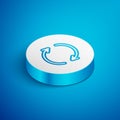 Isometric line Refresh icon isolated on blue background. Reload symbol. Rotation arrows in a circle sign. White circle