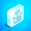 Isometric line Robot icon isolated on blue background. Artificial intelligence, machine learning, cloud computing. Silver square Royalty Free Stock Photo