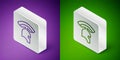 Isometric line Roman army helmet icon isolated on purple and green background. Silver square button. Vector