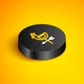 Isometric line Rooster weather vane icon isolated on yellow background. Weathercock sign. Windvane rooster. Black circle Royalty Free Stock Photo