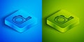 Isometric line Roulette construction icon isolated on blue and green background. Tape measure symbol. Square button Royalty Free Stock Photo