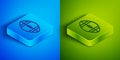 Isometric line Rugby ball icon isolated on blue and green background. Square button. Vector Illustration