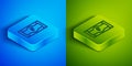 Isometric line Russian ruble banknote icon isolated on blue and green background. Square button. Vector