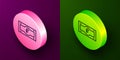 Isometric line Russian ruble banknote icon isolated on purple and green background. Circle button. Vector