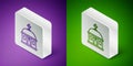 Isometric line Santorini building icon isolated on purple and green background. Traditional Greek white houses with blue