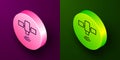 Isometric line Satellite icon isolated on purple and green background. Circle button. Vector