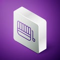Isometric line Sauna bucket and ladle icon isolated on purple background. Silver square button. Vector Illustration Royalty Free Stock Photo