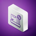 Isometric line Scale with cardboard box icon isolated on purple background. Logistic and delivery. Weight of delivery Royalty Free Stock Photo