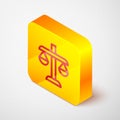 Isometric line Scales of justice icon isolated on grey background. Court of law symbol. Balance scale sign. Yellow