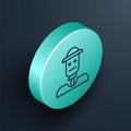 Isometric line Scarecrow icon isolated on black background. Turquoise circle button. Vector Royalty Free Stock Photo