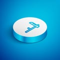 Isometric line Scythe icon isolated on blue background. White circle button. Vector