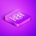 Isometric line Served crab on a plate icon isolated on purple background. Purple square button. Vector.