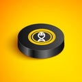 Isometric line Served fish on a plate icon isolated on yellow background. Black circle button. Vector