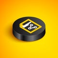 Isometric line Share file icon isolated on yellow background. File sharing. File transfer sign. Black circle button Royalty Free Stock Photo