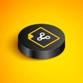 Isometric line Share file icon isolated on yellow background. File sharing. File transfer sign. Black circle button Royalty Free Stock Photo