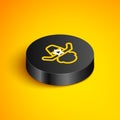 Isometric line Sheriff cowboy hat with star badge icon isolated on yellow background. Police officer. Black circle