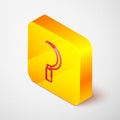 Isometric line Sickle icon isolated on grey background. Reaping hook sign. Yellow square button. Vector