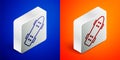 Isometric line Skateboard icon isolated on blue and orange background. Extreme sport. Sport equipment. Silver square