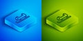 Isometric line Sled icon isolated on blue and green background. Winter mode of transport. Square button. Vector