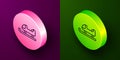 Isometric line Sled icon isolated on purple and green background. Winter mode of transport. Circle button. Vector