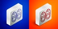 Isometric line Slippers icon isolated on blue and orange background. Flip flops sign. Silver square button. Vector Royalty Free Stock Photo
