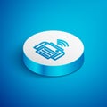 Isometric line Smart printer system icon isolated on blue background. Internet of things concept with wireless