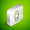 Isometric line Smartwatch icon isolated on green background. Silver square button. Vector