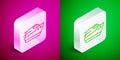 Isometric line Speedboat icon isolated on pink and green background. Silver square button. Vector
