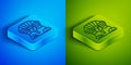 Isometric line Sphinx - mythical creature of ancient Egypt icon isolated on blue and green background. Square button