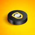 Isometric line Sports shop and basketball ball icon isolated on yellow background. Sport store. Black circle button