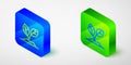 Isometric line Sprout icon isolated on grey background. Seed and seedling. Leaves sign. Leaf nature. Blue and green