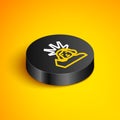 Isometric line Statue of Liberty icon isolated on yellow background. New York, USA. Black circle button. Vector