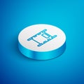 Isometric line Stretcher icon isolated on blue background. Patient hospital medical stretcher. White circle button