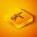 Isometric line Submachine gun M3, Grease gun icon isolated on orange background. Yellow square button. Vector