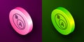 Isometric line Subsets, mathematics, a is subset of b icon isolated on purple and green background. Circle button
