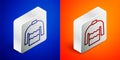 Isometric line Sweater icon isolated on blue and orange background. Pullover icon. Silver square button. Vector