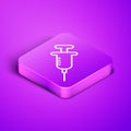 Isometric line Syringe icon isolated on purple background. Syringe for vaccine, vaccination, injection, flu shot