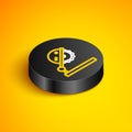 Isometric line Table saw for woodwork icon isolated on yellow background. Power saw bench. Black circle button. Vector Royalty Free Stock Photo